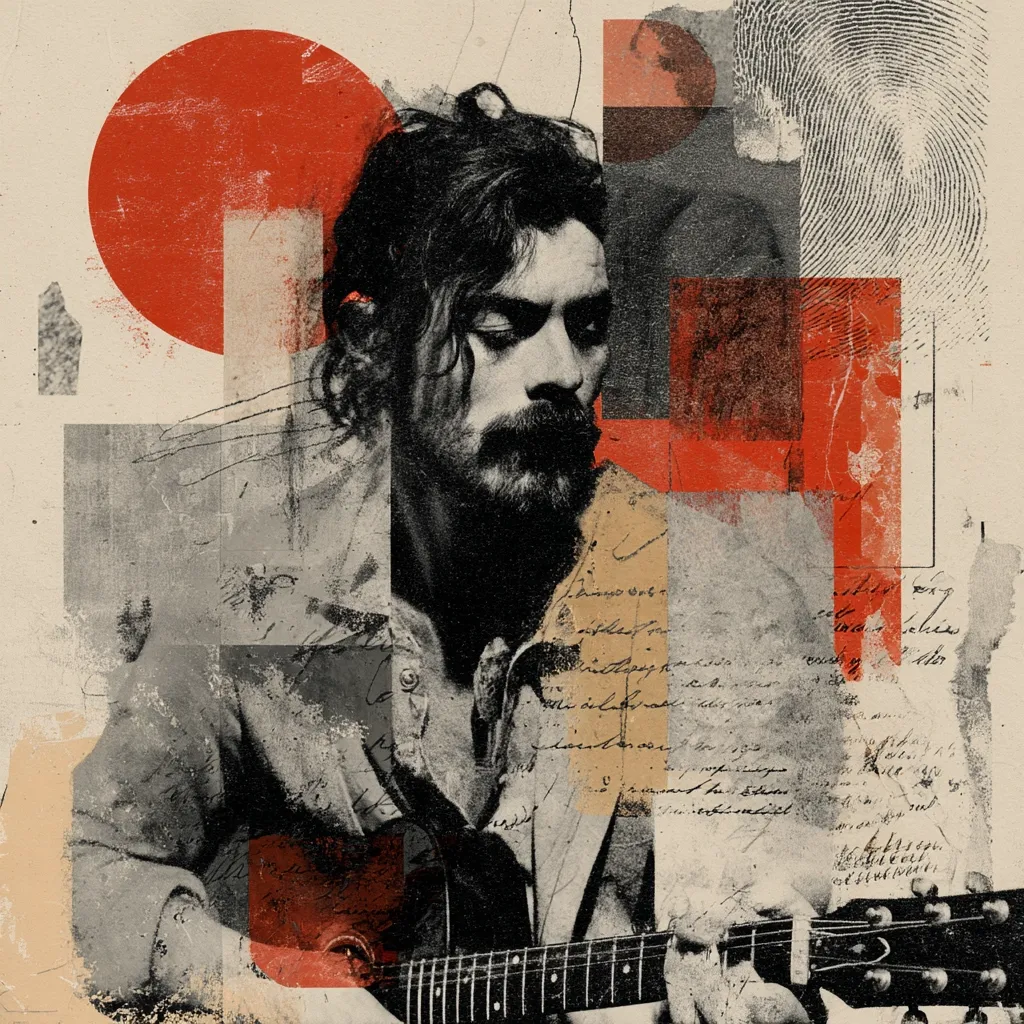A stylized portrait of a man with long dark hair and a beard, playing a guitar.  The image uses a collage technique, incorporating textured paper, abstract shapes in red and grey, and fragments of handwritten text, creating a vintage, grunge aesthetic.  A large red circle is prominent in the background, adding to the artwork's bold visual impact. The overall mood is melancholic and introspective.