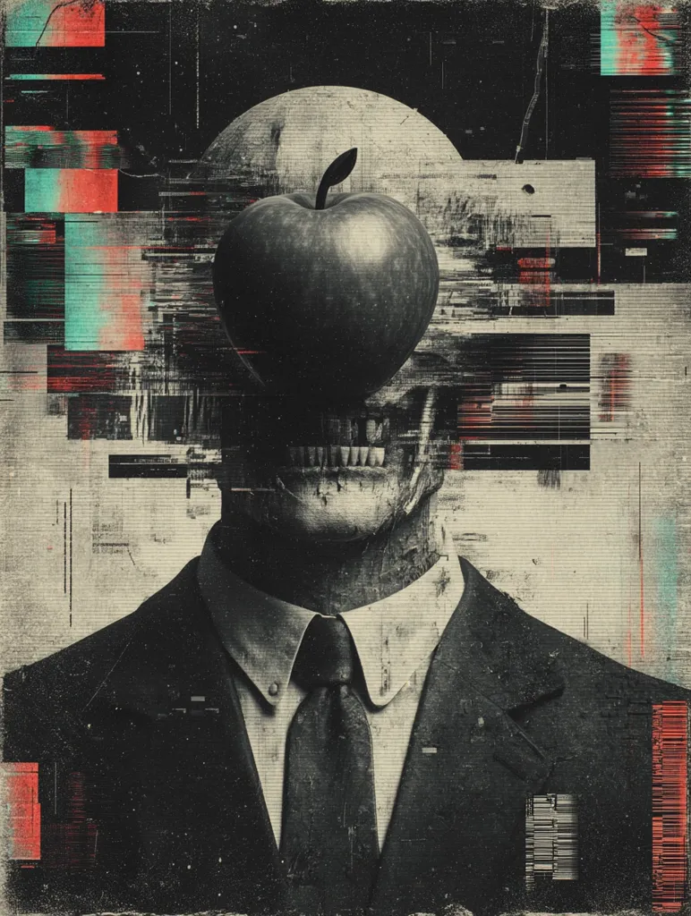 A surreal digital artwork depicts a skull-faced man in a suit.  His face is partially obscured by a large, dark apple. The background is a textured collage of grunge and digital glitch effects, creating a dystopian or unsettling atmosphere. The monochromatic palette enhances the image's somber and mysterious tone, suggesting themes of mortality, deception, or the corrupting influence of power.