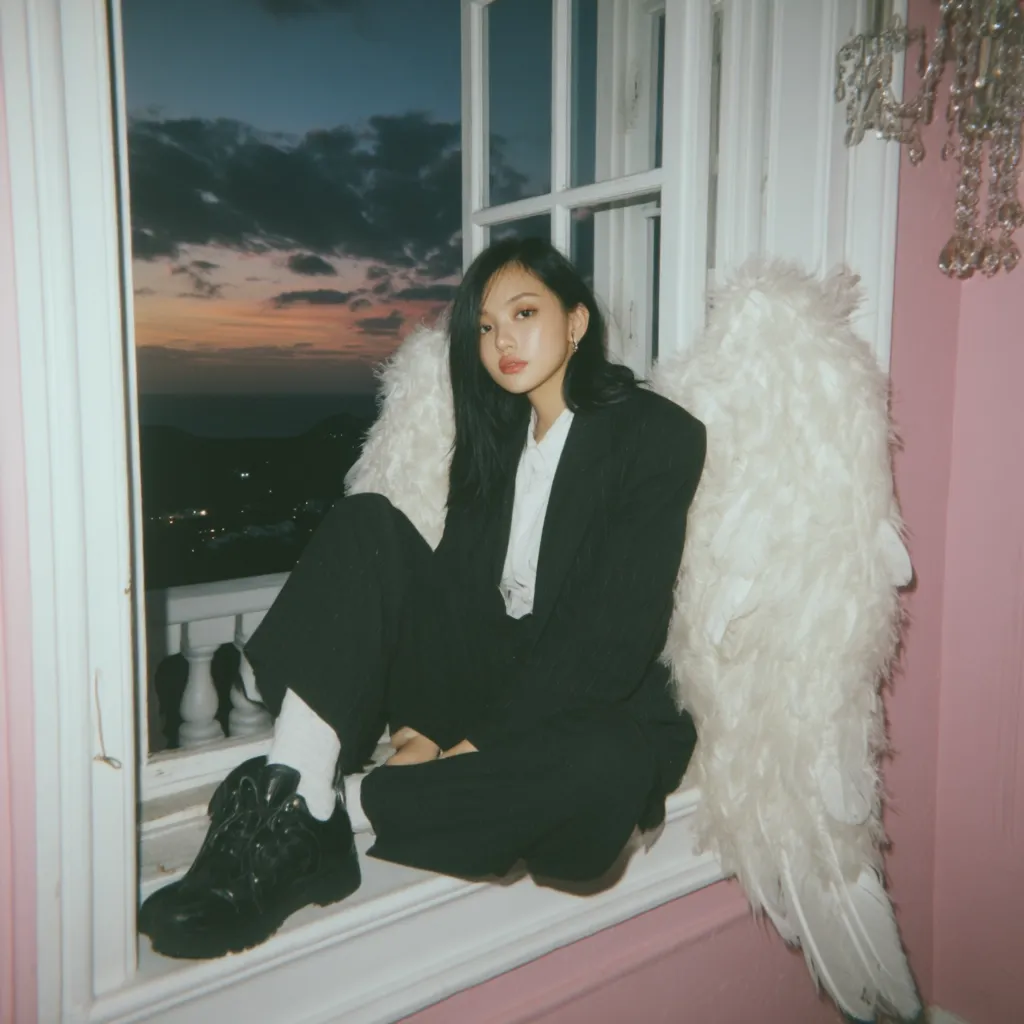 A young woman with long black hair sits in a window seat, wearing a black suit and white socks with chunky black shoes.  Large white angel wings rest behind her.  The setting sun casts a warm glow on the cityscape visible outside the window, creating a dramatic contrast with the pink wall and the woman's dark attire. The overall aesthetic is moody and stylish.