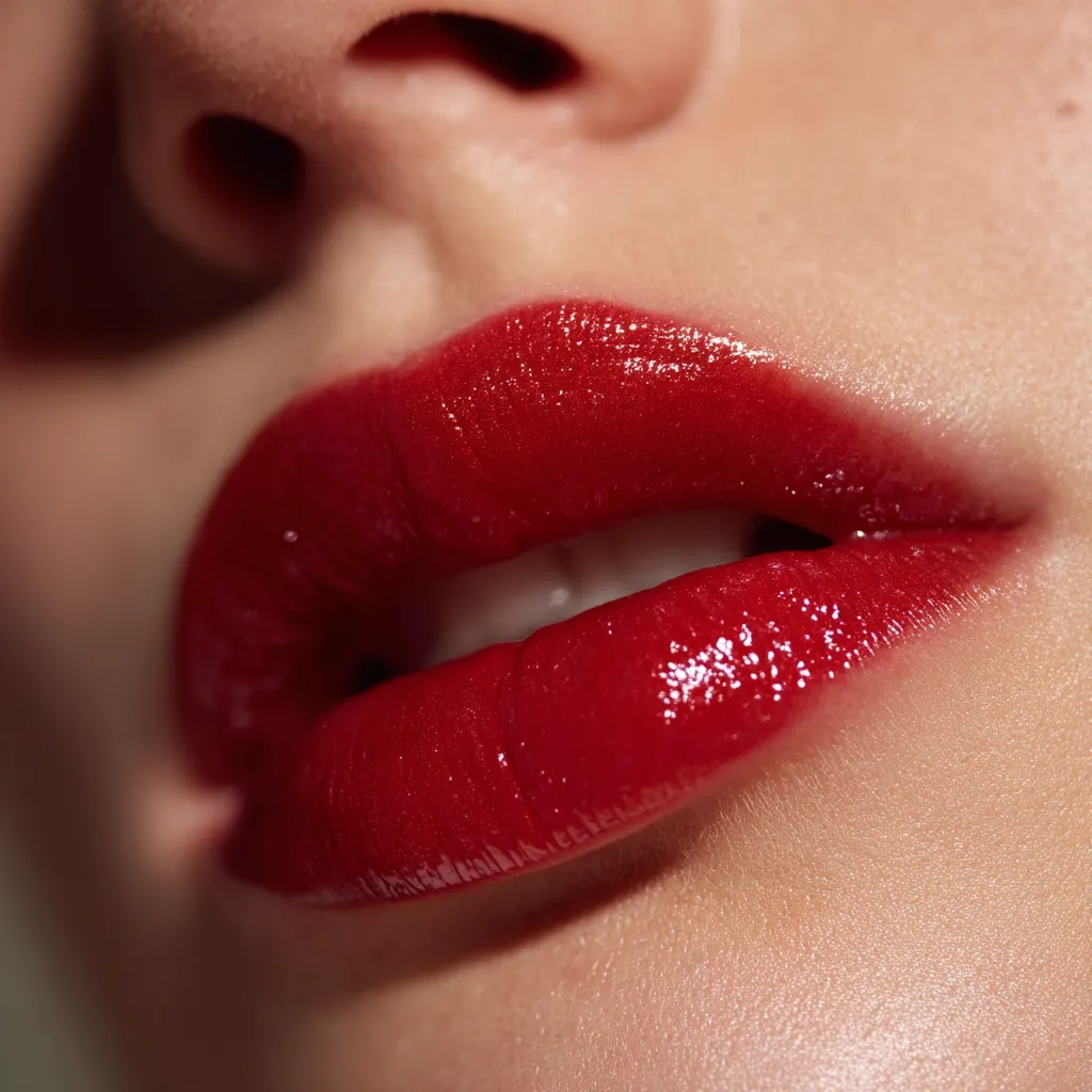 Close-up view of a woman's mouth showcasing full, luscious lips painted with a vibrant, glossy red lipstick.  The smooth application and shine highlight the lip's natural curves.  The surrounding skin appears smooth and subtly highlighted, creating a polished and glamorous aesthetic.