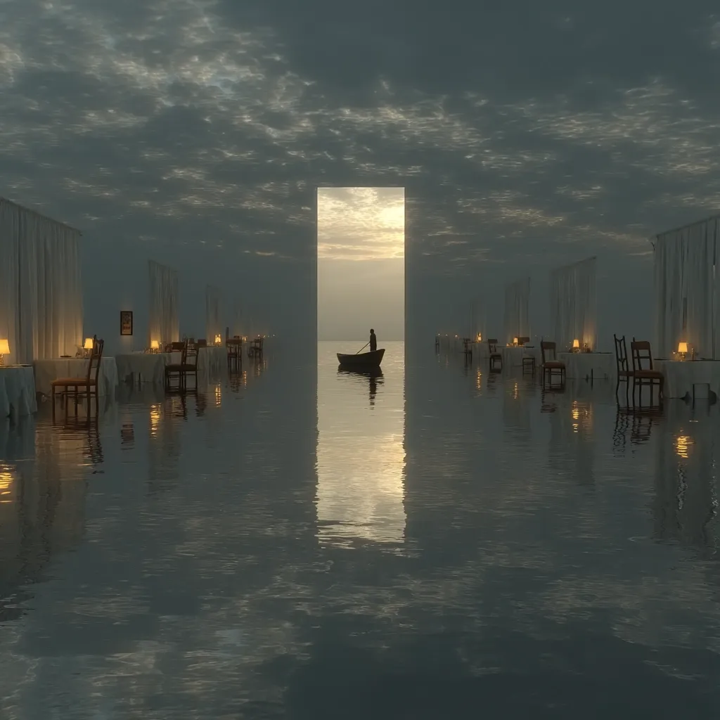 A surreal image depicts a flooded restaurant with tables and chairs submerged in calm water.  A tall rectangular opening in the far wall reveals a tranquil sunset scene.  A lone figure rows a small boat towards the light. The scene is atmospheric and dreamlike, conveying a sense of isolation and mystery.  The lighting is soft, creating a moody and contemplative ambiance.