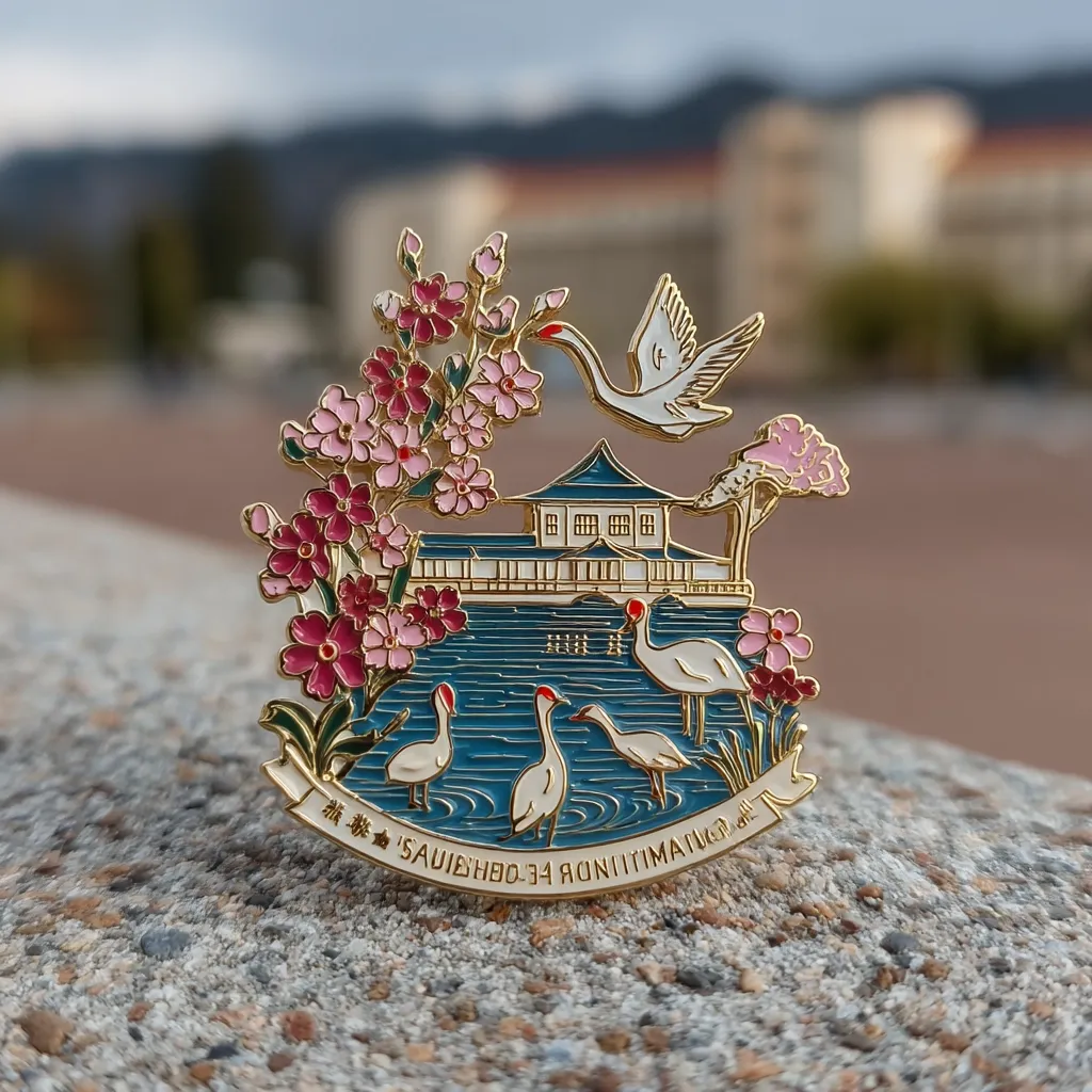 A gold and enamel pin depicts a serene Japanese scene.  Cherry blossoms frame a traditional building nestled beside a pond where elegant cranes wade.  The design features intricate details, including the building's architecture and the delicate petals of the blossoms.  The pin includes text, possibly a location name.  It rests on a stone surface, with a blurred background suggesting an outdoor setting.