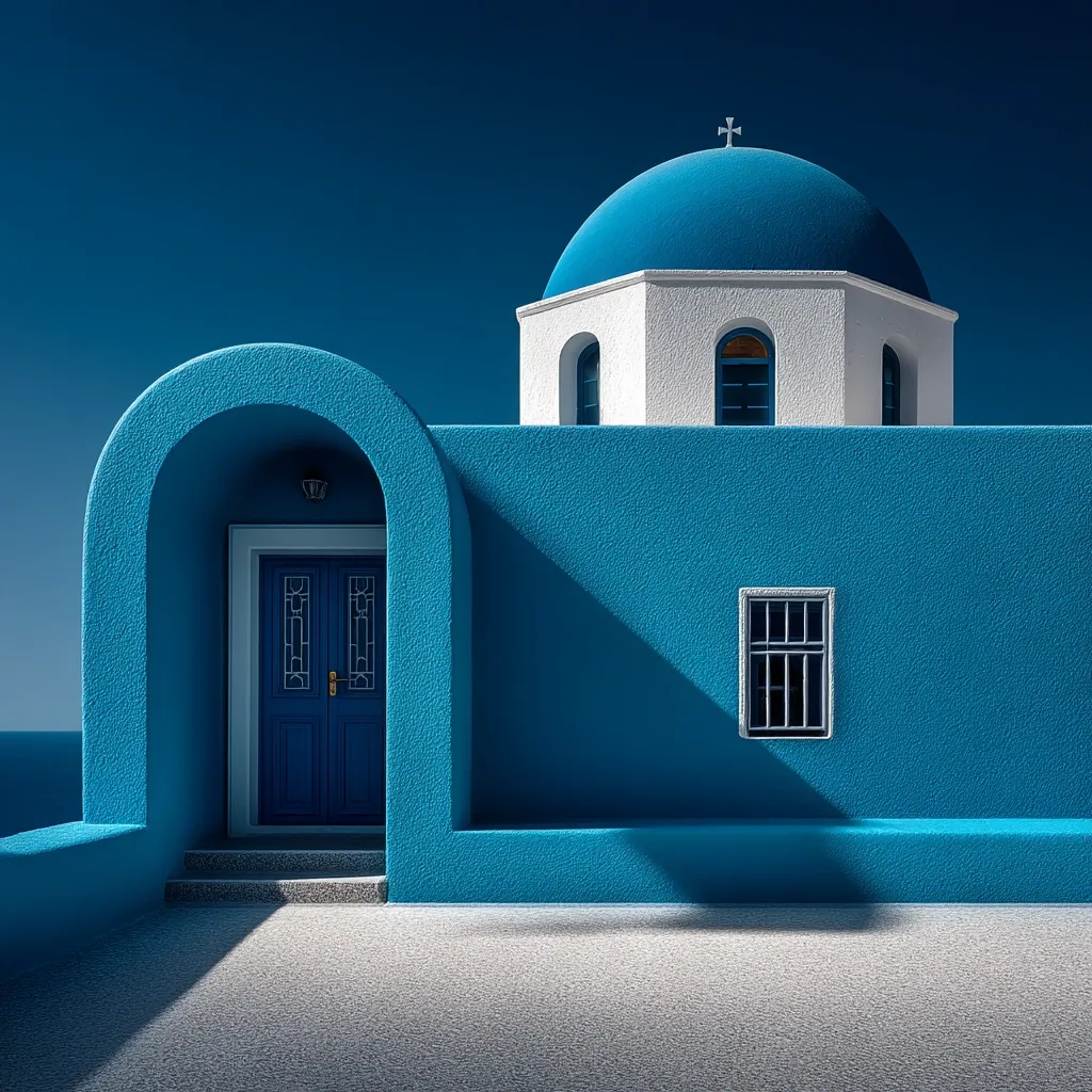 A vibrant blue building, characteristic of Greek architecture, stands against a clear blue sky.  Its arched doorway leads to a dark blue door, while a small window and a prominent blue dome with a white base crown the structure.  The scene is serene and minimalist, highlighting the building's architectural details and the contrast between the bright blue and the lighter tones.  Shadows cast by the sun add depth and dimension.
