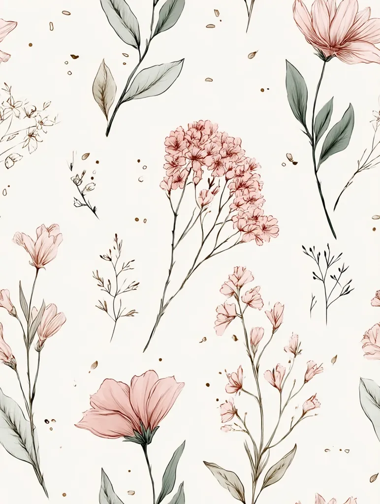 A delicate floral pattern featuring blush pink and muted green hues.  Various flowers and leaves are artistically arranged on a white background, creating a seamless, romantic design.  The style is reminiscent of watercolor painting, with soft lines and subtle shading.  Small gold speckles add a touch of elegance. The overall impression is one of serene beauty and understated femininity.