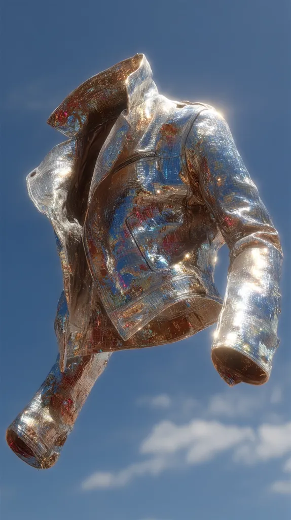 A shimmering, metallic silver jacket floats against a bright blue sky.  The jacket, seemingly made of mirrored sequins or mosaic tiles, reflects the light, creating a dazzling effect. Its design is reminiscent of a classic biker jacket, but its iridescent material gives it a futuristic and otherworldly feel. The image is surreal and eye-catching, showcasing a unique blend of fashion and art.