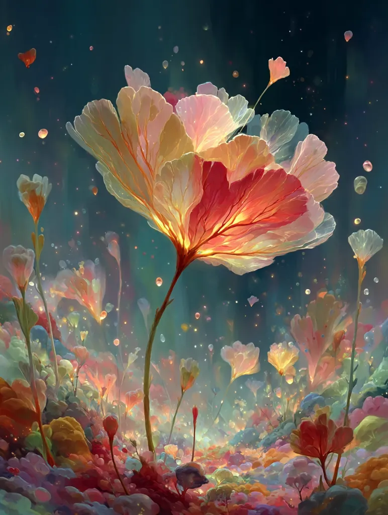 A vibrant, ethereal landscape features a large, luminous flower in the foreground, its petals in shades of pink, orange, and yellow.  Smaller, similarly glowing flowers populate the scene, creating a field of fantastical blooms.  The background is a deep teal, speckled with glowing particles, enhancing the dreamlike atmosphere.  The overall style is painterly and digital, with a focus on soft light and color blending.
