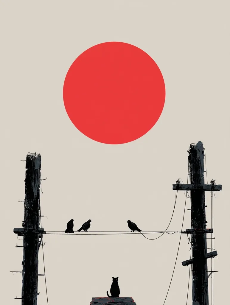 A minimalist illustration features three black birds perched on a wire strung between weathered utility poles.  A large, red circle dominates the upper center, resembling a sun. Below, a black cat sits on a rooftop, observing the birds. The muted color palette and stark silhouettes create a serene yet slightly melancholic mood.