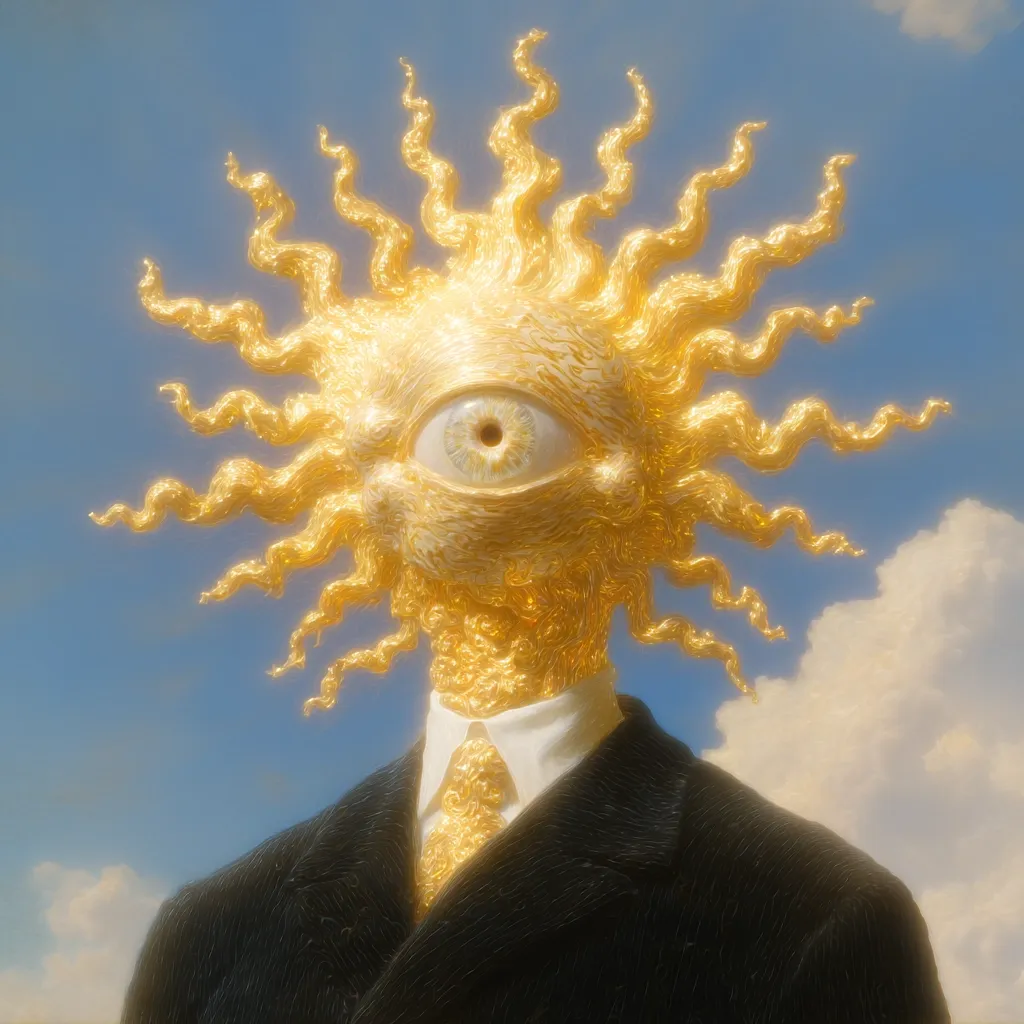 A surreal portrait depicts a sun-like entity, its golden rays radiating outwards.  The entity possesses a single, large eye and a neck extending into a dark suit and golden tie.  The background is a serene blue sky with fluffy clouds, contrasting the otherworldly subject. The style suggests a blend of classical portraiture and imaginative fantasy.