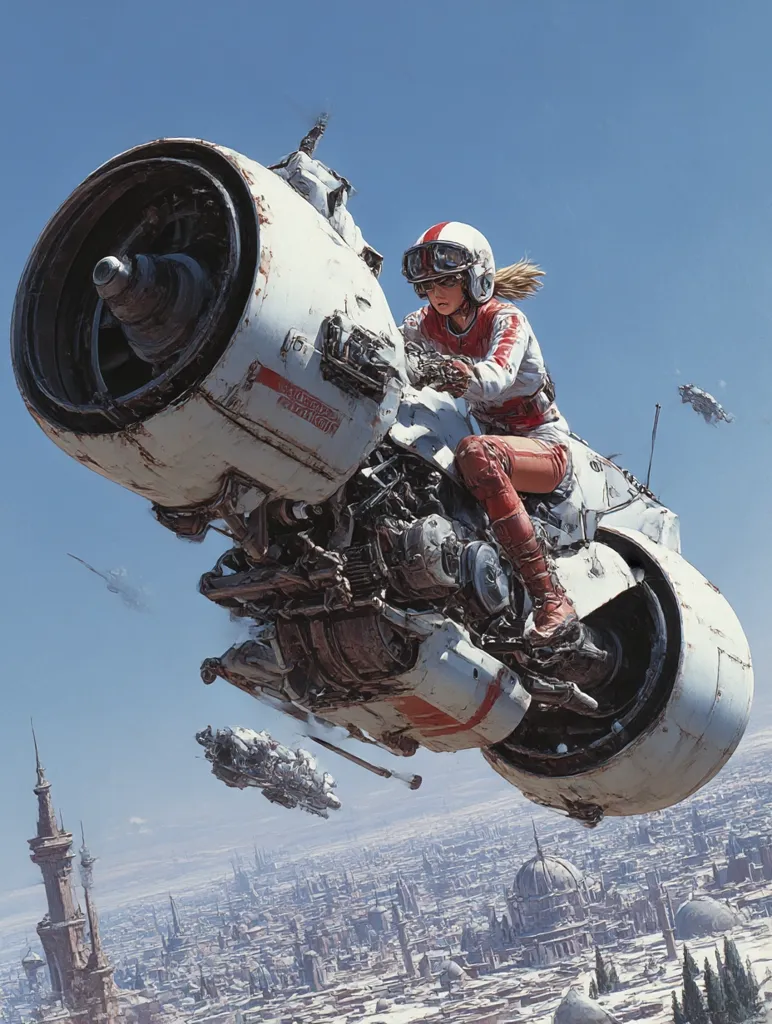 A female pilot in a red and white racing suit rides a futuristic, jet-propelled motorcycle.  The vehicle is heavily worn, displaying a distressed white paint job and exposed mechanics.  They fly over a sprawling, futuristic desert city, with smaller spacecraft visible in the distance.  The scene suggests a post-apocalyptic or science fiction setting.  The sky is a clear, bright blue.