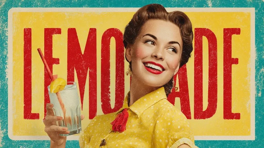 A vintage-style advertisement features a smiling woman in a yellow dress holding a glass of lemonade.  The word "LEMONADE" is prominently displayed in bold, red lettering on a yellow background, evoking a retro aesthetic. The image has a distressed, textured effect, suggesting a nostalgic feel.  The overall style is reminiscent of mid-20th-century advertising.