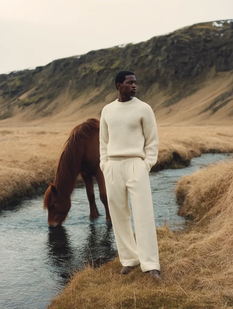 A dark-skinned man stands by a stream in a serene, mountainous landscape. He wears a cream-colored sweater and wide-legged trousers, creating a minimalist and elegant look. A brown horse drinks from the stream behind him, adding a touch of rustic charm to the scene. The overall mood is calm and contemplative, emphasizing the beauty of nature and the understated elegance of the man's attire.
