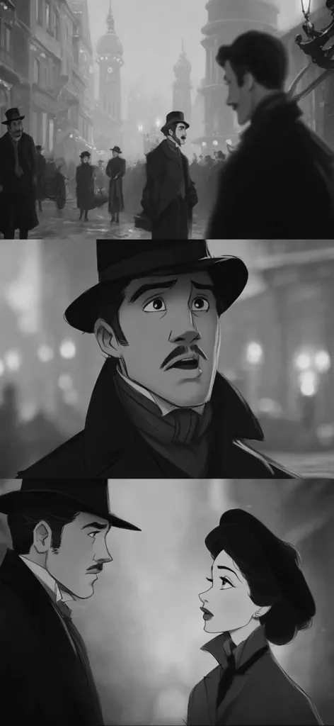 A black and white illustration depicting scenes from a period drama.  The first panel shows a foggy city street with men in top hats. The second panel focuses on a man in a top hat, his expression serious and concerned. The third panel shows a man and woman, dressed in period attire, looking at each other intensely. The artwork suggests a story of mystery and romance set in a historical European city.