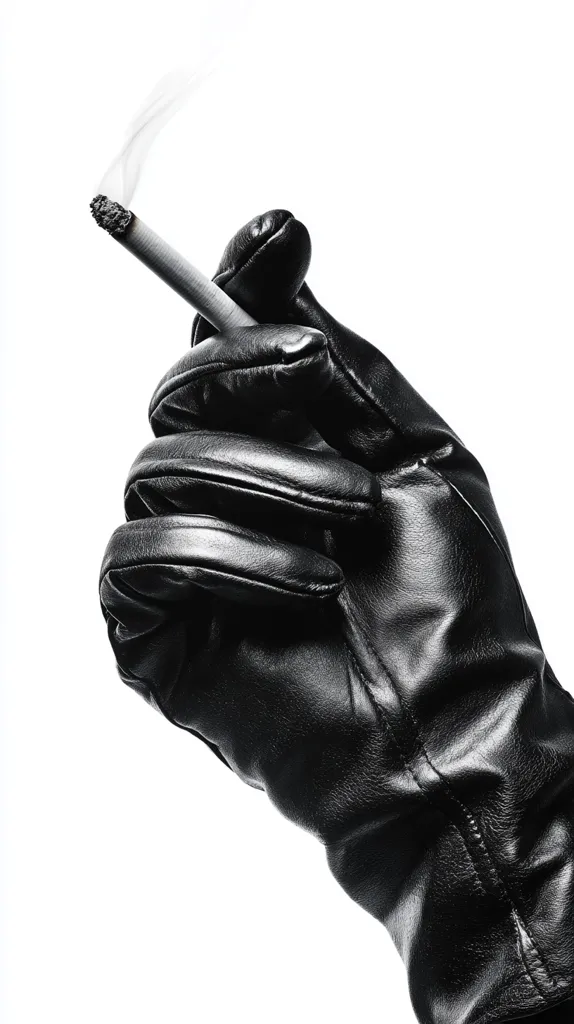 A close-up, black and white image shows a gloved hand holding a lit cigarette.  The black leather glove is sleek and well-fitting, contrasting sharply with the white smoke curling upwards from the cigarette. The image is stark and dramatic, possibly suggesting themes of mystery or danger.