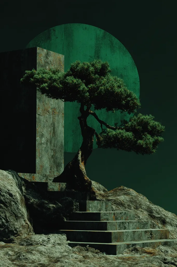 A digital artwork depicts a weathered stone staircase ascending towards a bonsai tree situated on a rocky outcrop.  A large, dark green, textured circle hangs in the background, behind a similarly textured, grey stone pillar. The overall color palette is muted greens and greys, creating a serene yet somewhat mysterious atmosphere. The scene has a minimalist, almost surreal quality.
