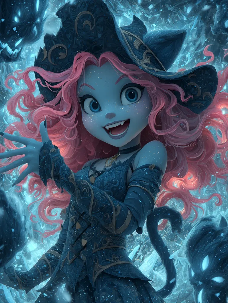 A whimsical illustration depicts a charming, blue-skinned girl with vibrant pink hair.  She's dressed in an ornate, dark blue witch's outfit, complete with a wide-brimmed hat.  Her large, expressive eyes and mischievous grin add to her captivating personality.  Surrounding her are shadowy, ethereal feline figures, creating a magical, icy atmosphere. The overall style is stylized and fantastical.