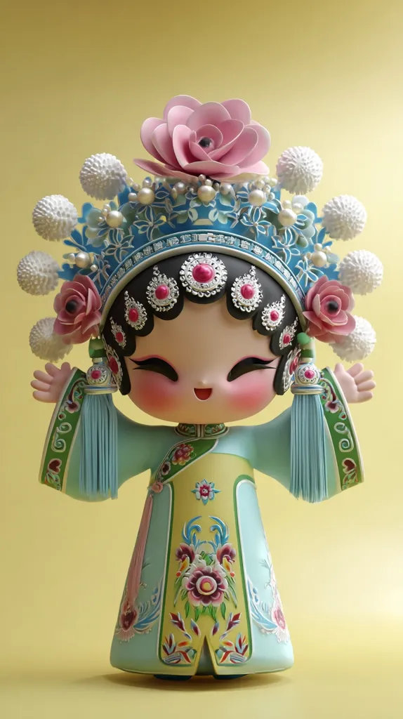 A charming 3D-rendered doll, styled as a Peking Opera performer, is depicted.  The doll wears a vibrant pastel-colored costume adorned with intricate floral embroidery and a headdress featuring pink roses and white pom-poms.  Its cheerful expression and outstretched arms create a welcoming and joyful image. The doll's design blends traditional Chinese aesthetics with a modern, cute style.
