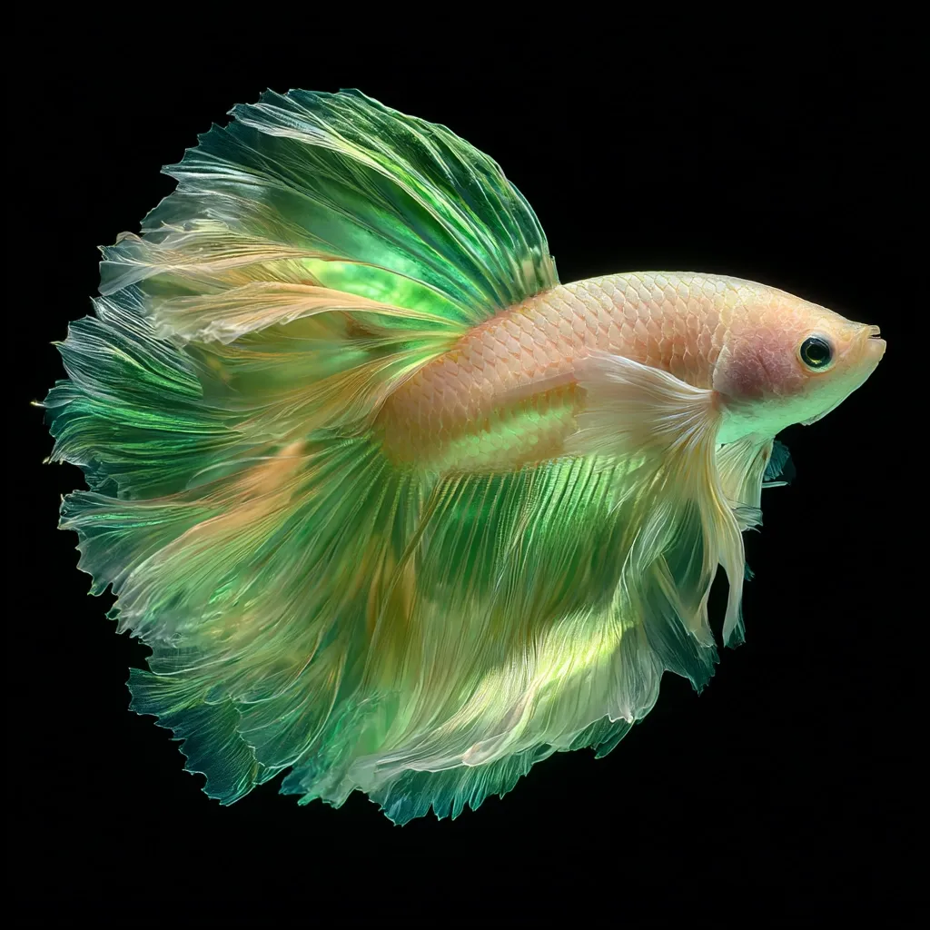 A vibrant betta fish, predominantly pastel peach and seafoam green, is captured against a stark black background.  Its expansive, flowing fins display a remarkable gradient of color, transitioning from a pale yellow-peach at the body to a deeper, lush green at the edges.  The fish's body is slightly curved, and its eye is clearly visible, adding to the image's overall detail and captivating beauty.