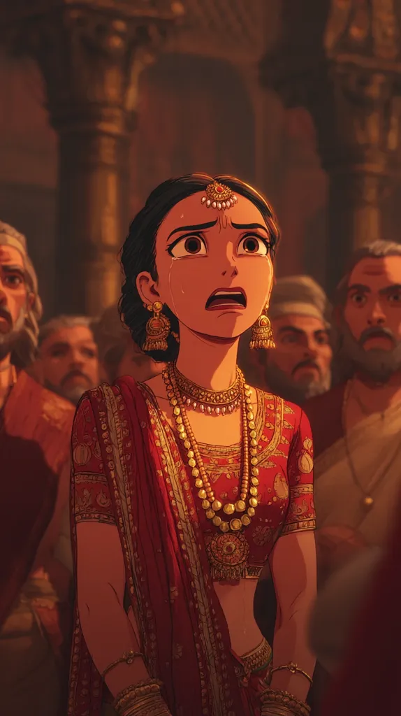 A young woman, adorned in a vibrant red and gold sari and elaborate jewelry, stands amidst a group of men. Tears stream down her face, and her expression is one of distress and fear. The scene is set within a dimly lit, ornate hall, suggesting a moment of intense emotional turmoil within a possibly culturally significant setting. The artwork's style is reminiscent of animation or digital painting, emphasizing dramatic lighting and emotional detail.