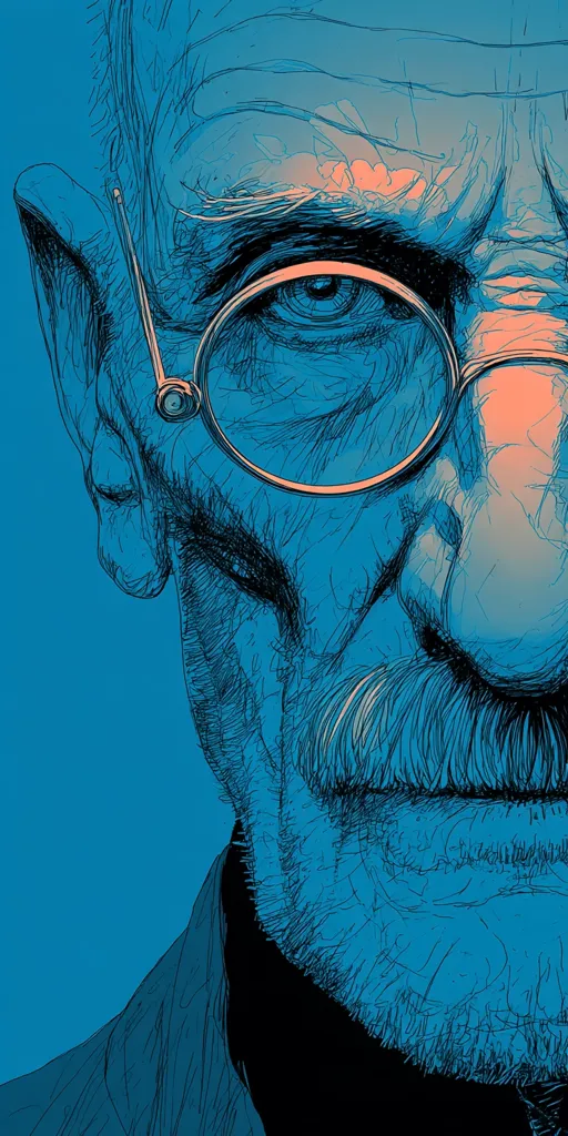 A stylized, close-up illustration of an older man's face.  Rendered in shades of teal and blue, the image emphasizes the man's wrinkles, mustache, and round glasses.  The detailed linework creates a textured effect, highlighting the depth and character of his features.  The overall mood is serious and contemplative.