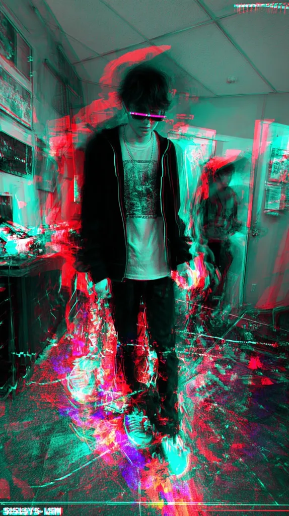 A stylized image of a young person wearing a black jacket and light-colored shirt, standing in a room with a glitch effect.  The image is heavily saturated with teal and red tones, creating a vibrant, almost surreal atmosphere. The subject wears futuristic-looking glasses, and the background is blurred and distorted, adding to the overall sense of digital manipulation and visual chaos.  Another figure is partially visible in the background.