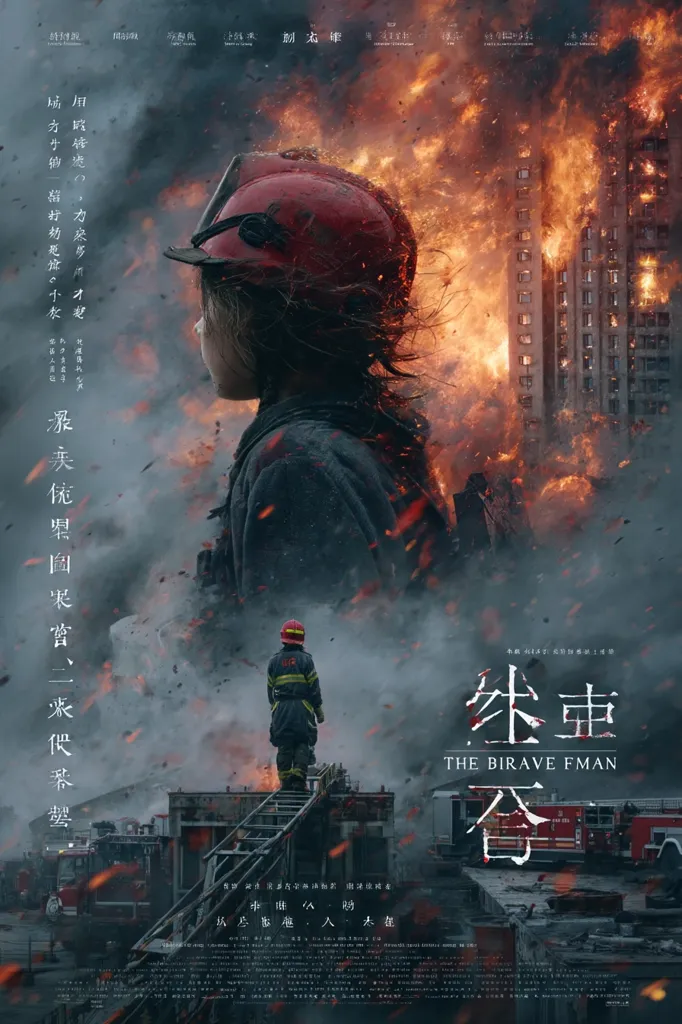 A movie poster for "The Brave Fireman" shows a young girl wearing a firefighter's helmet, silhouetted against a backdrop of a burning building.  A lone firefighter stands on a ladder in the foreground, emphasizing the film's themes of bravery and sacrifice amidst a devastating fire.  The poster's dark and intense imagery creates a dramatic atmosphere.  Chinese text is prominent alongside the English title.