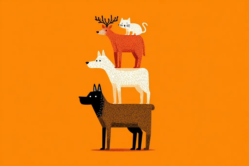 A stylized illustration features a stack of animals against a vibrant orange background.  At the bottom is a brown dog, topped by a white dog, then a red deer, with a white cat perched on the deer's back.  The animals are depicted in a simple, almost childlike style with textured markings.  The overall effect is playful and whimsical.