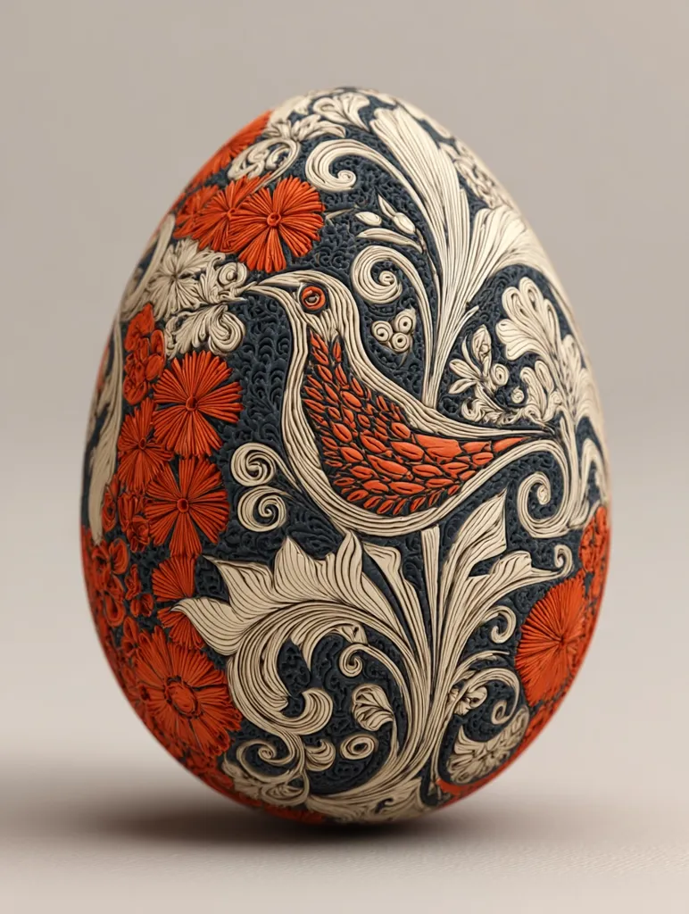 A meticulously crafted ceramic egg showcases intricate relief work.  The egg's surface is adorned with a dark navy background, offset by creamy white and vibrant orange floral patterns.  A stylized bird is centrally positioned amidst the swirling foliage, adding a touch of whimsical elegance to the ornate design. The detailed sculpting and color contrast create a visually stunning piece.