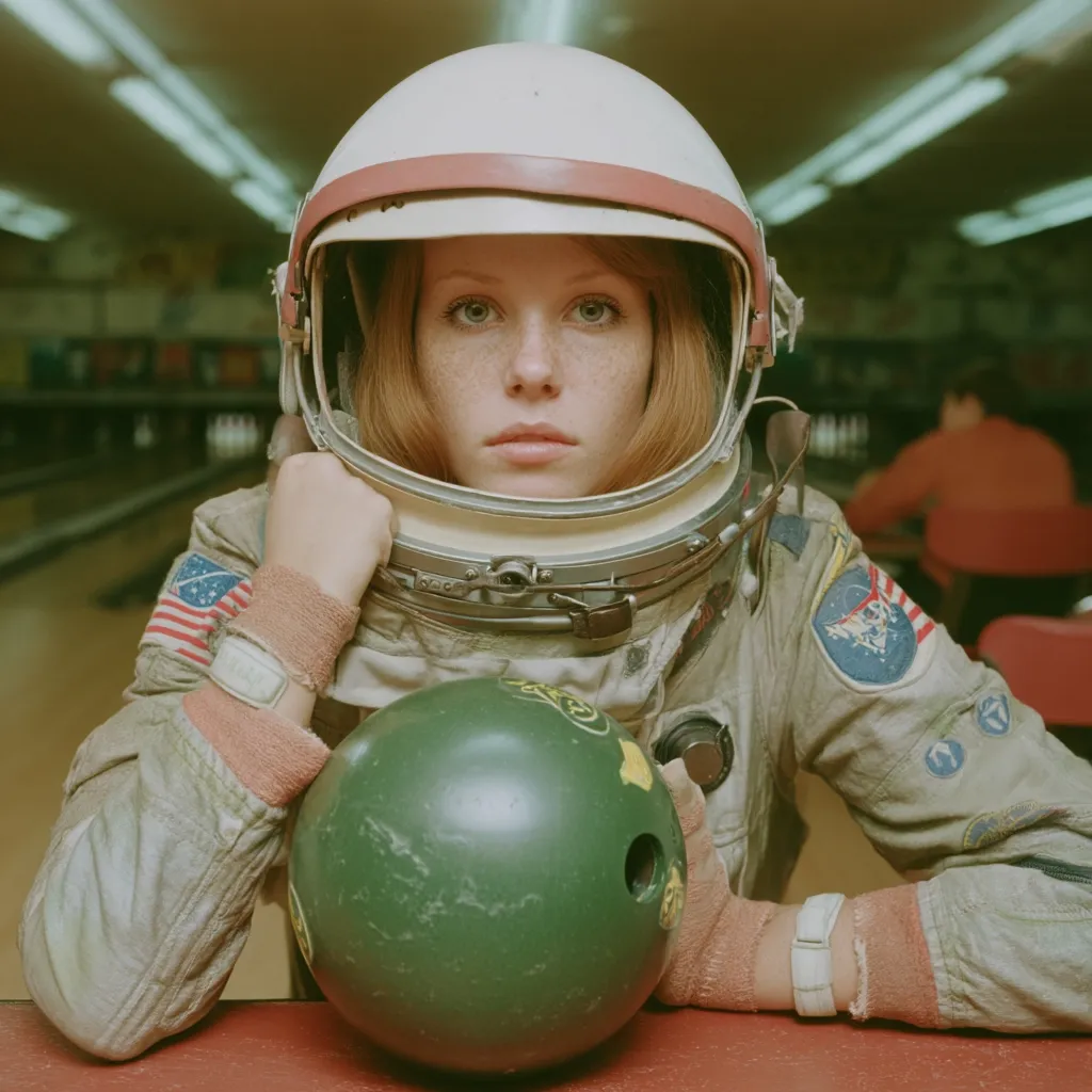 A young woman with freckles, wearing a vintage astronaut suit and helmet, rests her chin on her hand.  She sits at a bowling alley lane, a green bowling ball in front of her. The setting is retro, with muted colors and a slightly blurred background suggesting a quiet moment in the bowling alley.  The image evokes a sense of nostalgic calm and unexpected juxtaposition.