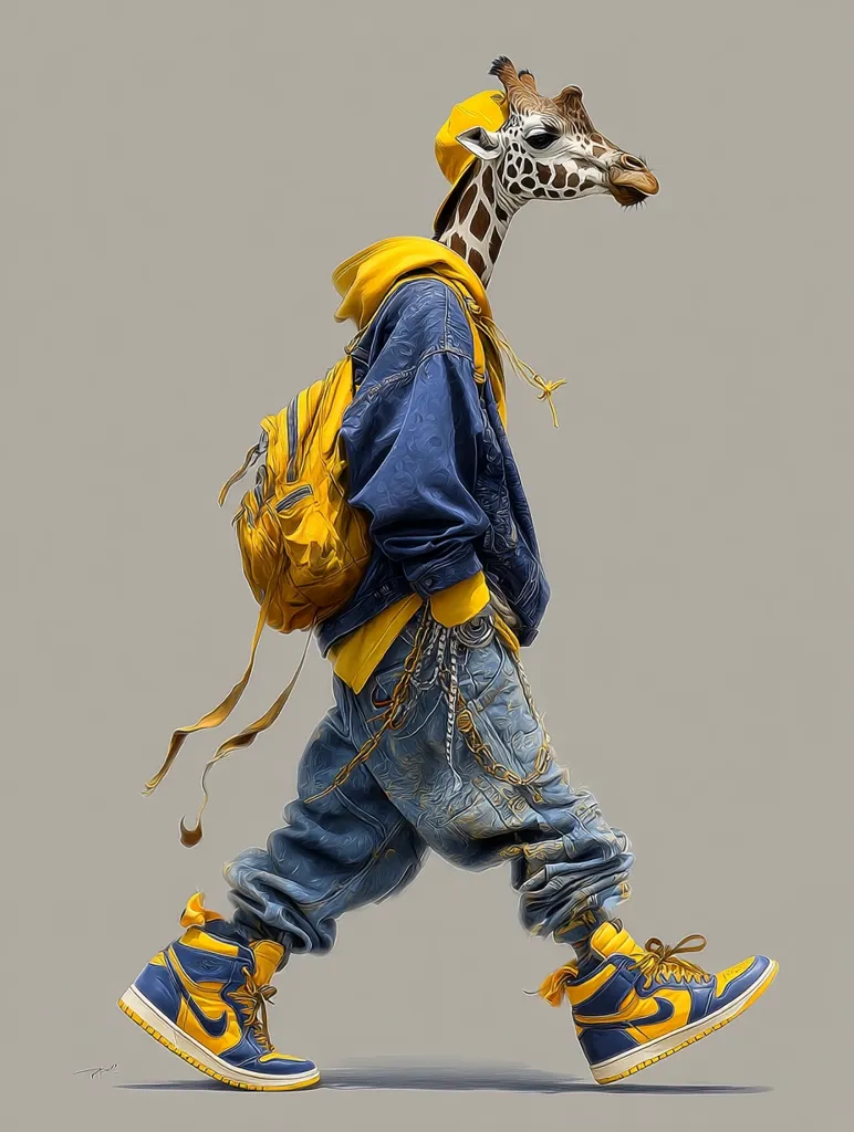 A stylized illustration depicts a giraffe wearing trendy streetwear.  The giraffe sports a blue denim jacket, baggy jeans, a yellow hoodie, and yellow and blue Air Jordan sneakers.  A yellow backpack hangs from its shoulder.  The overall style is vibrant and playful, blending animal imagery with contemporary fashion. The giraffe walks with a casual, confident stride.