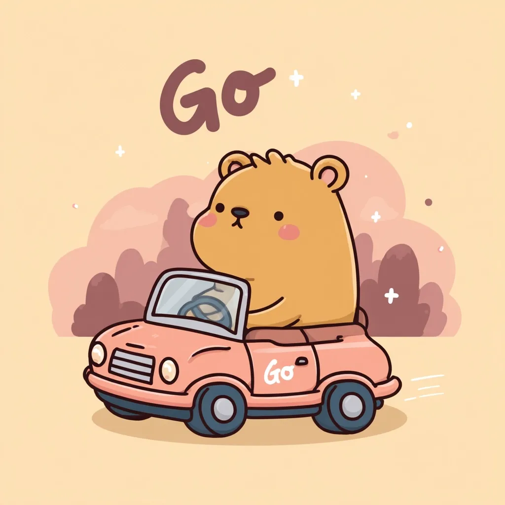 A cute cartoon bear sits in a pink car, ready to go.  The word "Go" is written above the scene, and the car itself also has "Go" written on its side. The background features a soft, pastel landscape with blurred trees and a light peach sky.  The overall style is playful and childlike.