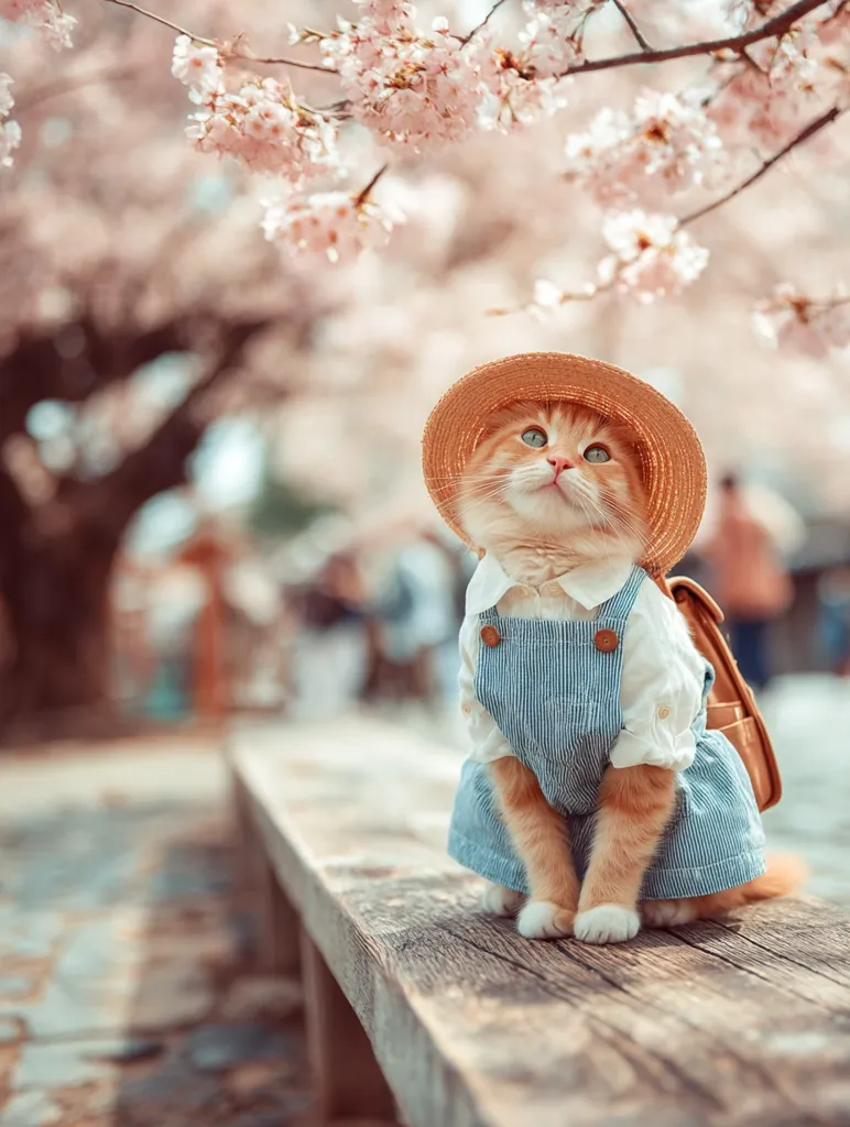 A ginger cat, wearing a straw hat, denim overalls, and a small backpack, sits on a wooden bench beneath a blossoming cherry tree.  The cat looks up, seemingly admiring the pink flowers. The scene is peaceful and idyllic, evoking a sense of springtime and tranquility.  The soft lighting and muted colors enhance the charming atmosphere.