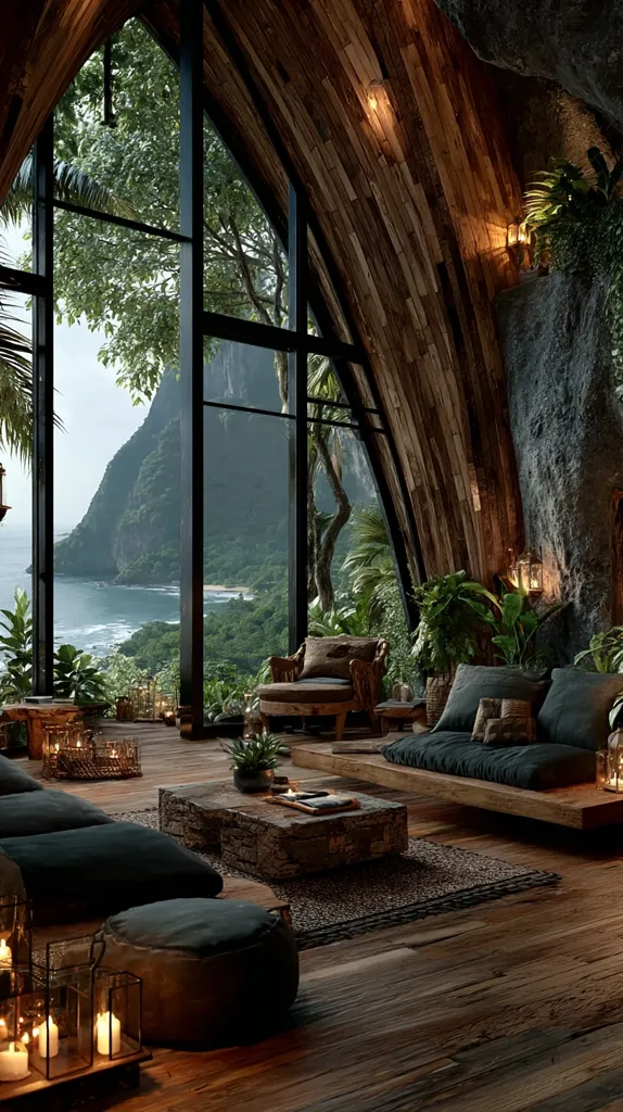 A stunning, secluded living space nestled within a wooden, A-frame structure.  Large windows offer breathtaking panoramic views of a tropical ocean and mountainous landscape.  The interior is decorated with dark wood, plush seating, and lush potted plants, creating a cozy and luxurious ambiance.  Candles and lanterns add a warm, inviting glow.