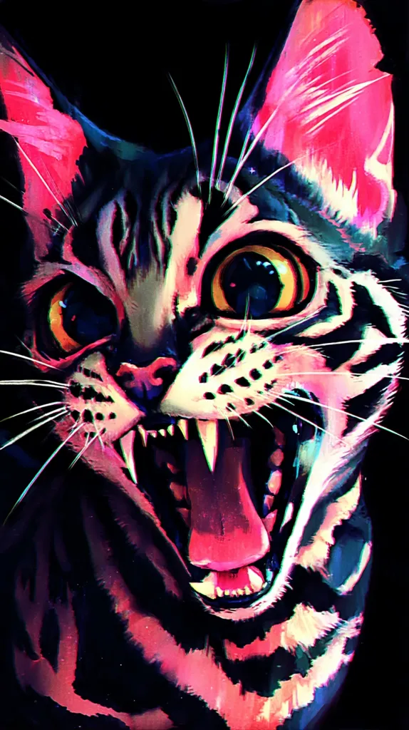 A vibrant, stylized painting of a bengal cat's head.  The cat's mouth is open in a fierce snarl, revealing sharp teeth.  Bright pink and purple hues dominate the artwork, contrasting with darker blacks and grays in the cat's fur. The eyes are large and expressive, adding to the dramatic intensity of the piece.  The overall style is bold and graphic.