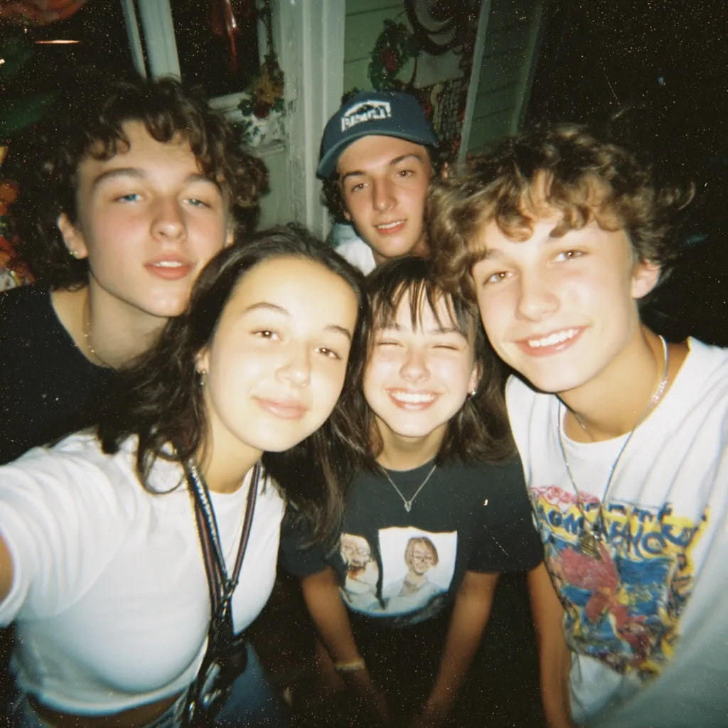 A group selfie of five teenagers, two girls and three boys, captures a candid moment. The girls are positioned in the foreground, with the boys behind them. The image has a grainy, film-like quality, suggesting it was taken with a disposable camera. The teens are close together, their expressions relaxed and friendly, conveying a sense of intimacy and shared experience.  The background is dark and indistinct, drawing focus to the lively group.