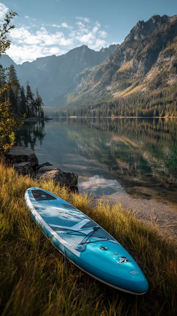 A blue paddleboard rests in the grass beside a tranquil lake, reflecting the majestic mountains in the background.  The serene scene showcases a calm, clear lake surrounded by lush green trees and towering peaks under a mostly clear sky.  The image evokes a sense of peace and outdoor adventure.
