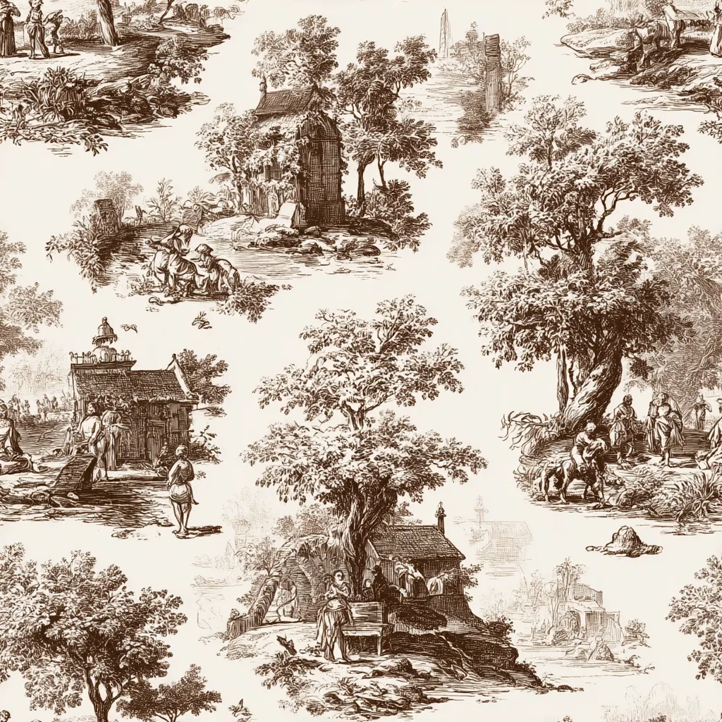 A sepia-toned toile pattern depicts idyllic pastoral scenes.  Detailed etchings show rustic buildings, people engaged in daily life, livestock, and lush trees along waterways.  The repeating pattern is reminiscent of 18th-century French design, creating a charming and sophisticated aesthetic.  The overall effect is one of peaceful rural tranquility.