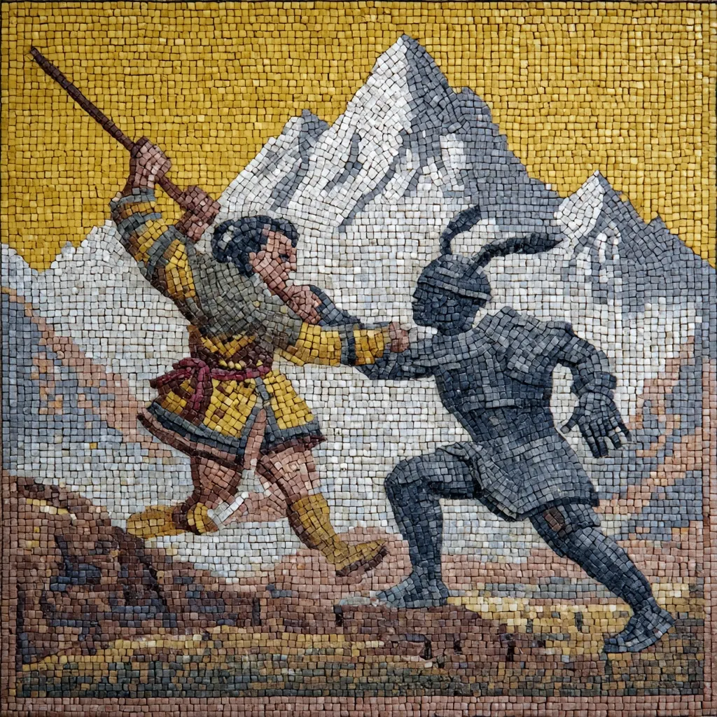 A vibrant mosaic depicts a dynamic scene of combat against a mountainous backdrop.  One figure, clad in yellow and brown, wields a staff, engaging in a struggle with a dark-grey armored opponent. The mosaic's small, colorful tiles create a textured effect, showcasing the details of clothing and the rugged mountain landscape. The scene is possibly a narrative representation of a battle or a mythological conflict.