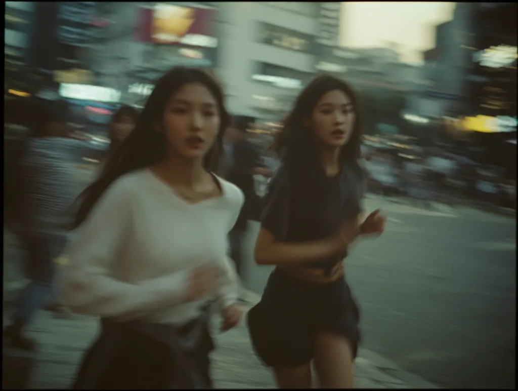 Two young women run through a blurred city street at dusk.  One wears a cream-colored sweater, the other a dark top and skirt.  The motion blur suggests speed and energy, creating a dynamic, atmospheric image.  Background details are indistinct, focusing attention on the subjects' movement and youthful energy. The overall mood is moody and urban.