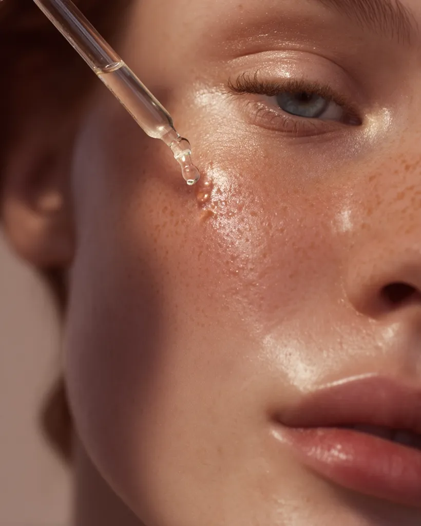 Close-up view of a woman's face with freckles.  A dropper applies a clear liquid, likely a serum or oil, to her cheek.  The skin appears slightly textured and dewy, highlighting its natural beauty. Soft, natural light illuminates the scene, emphasizing the skincare application process. The overall mood is calm and serene.