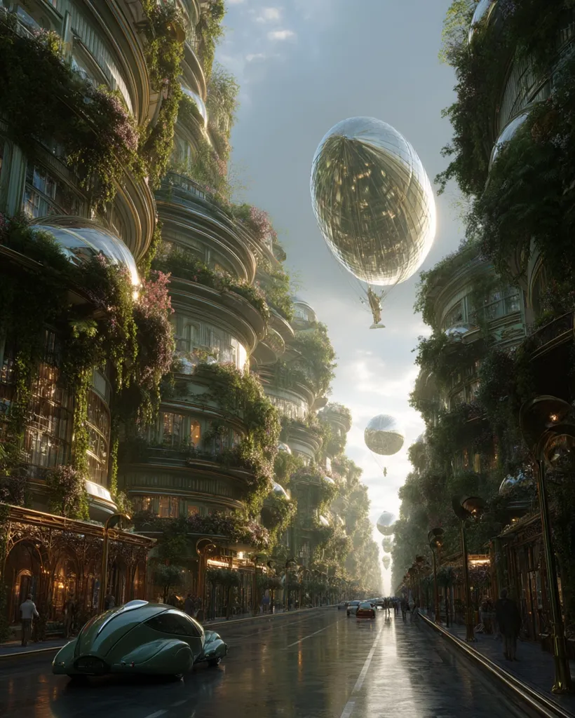 A futuristic city street scene is depicted, featuring tall, curved buildings densely covered in lush greenery.  Air ships, resembling large, silver balloons, float between the buildings.  The street is wet, reflecting the sunlight, and vintage-style cars are parked along the road.  The overall aesthetic blends Art Deco architecture with a bio-integrated, technologically advanced urban landscape.
