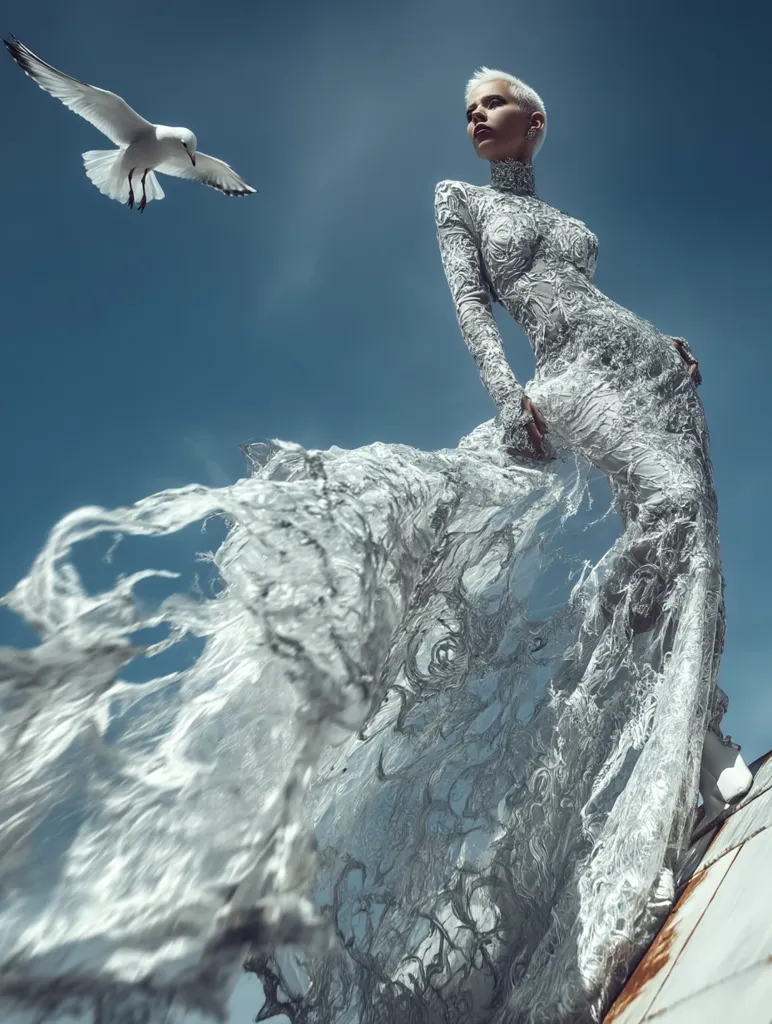 A striking fashion photograph features a model with short, blonde hair, standing on a rusty rooftop. She wears a flowing, intricately designed, silvery-white gown that billows dramatically in the wind.  A seagull flies overhead against a clear, blue sky, adding a sense of freedom and ethereal beauty to the image. The overall effect is dramatic and visually arresting.