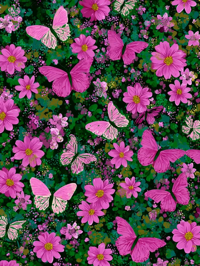 A vibrant pattern showcases numerous pink butterflies flitting amidst a profusion of pink cosmos flowers. The dark green background is speckled with smaller blooms and hints of teal, creating a lush, garden-like effect. The butterflies, rendered in varying shades of pink and white, add dynamic movement to the densely packed floral arrangement.  The overall style is cheerful and whimsical, ideal for fabric or wallpaper.