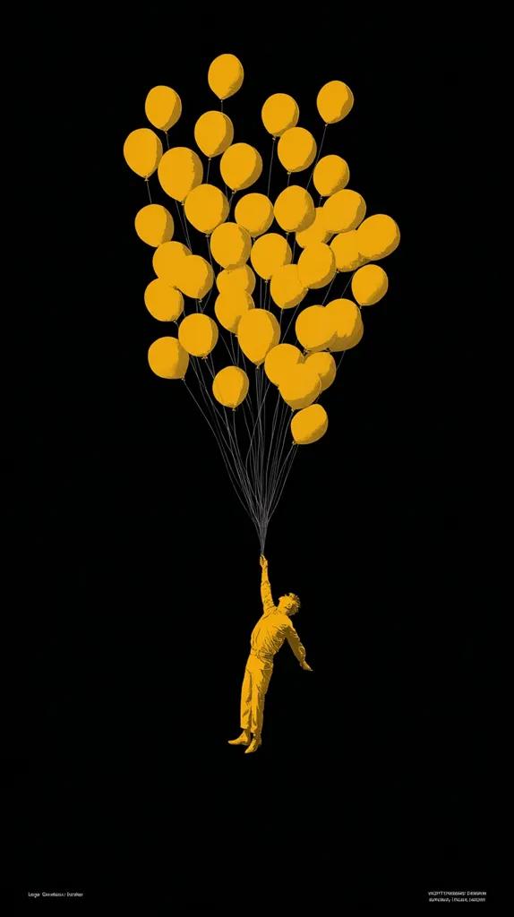 A minimalist illustration depicts a person ascending, held aloft by numerous golden balloons against a stark black backdrop. The figure, rendered in a matching golden hue, is silhouetted, emphasizing the upward movement.  The image conveys a sense of lightness, freedom, and aspiration.  The stark contrast of colors and the simplicity of the design create a powerful visual impact.
