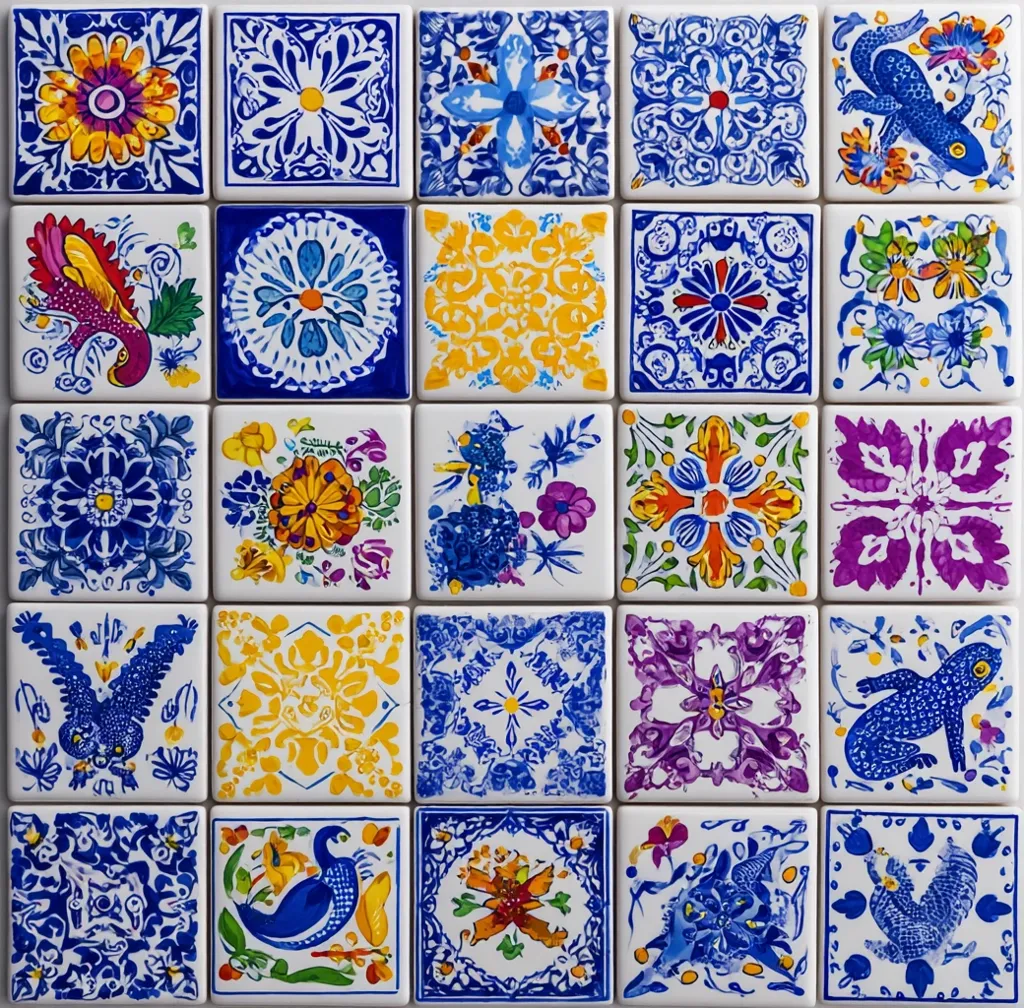 A vibrant collection of square tiles, each adorned with a unique design.  The tiles showcase a mix of floral motifs, geometric patterns, and stylized birds and lizards.  Predominantly blue, yellow, and white, with splashes of other colors, the tiles create a lively, colorful patchwork. The intricate details and varied designs make it a visually engaging display.