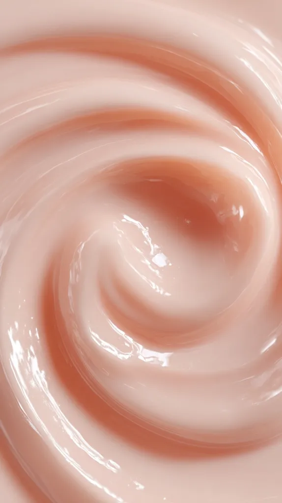 A close-up shot reveals a creamy, pale pink substance swirling in a circular motion.  The texture appears smooth and glossy, with subtle highlights reflecting light. The image showcases the consistency and color of the product, suggesting a beauty or skincare item.  The soft, delicate hues create a visually appealing texture.