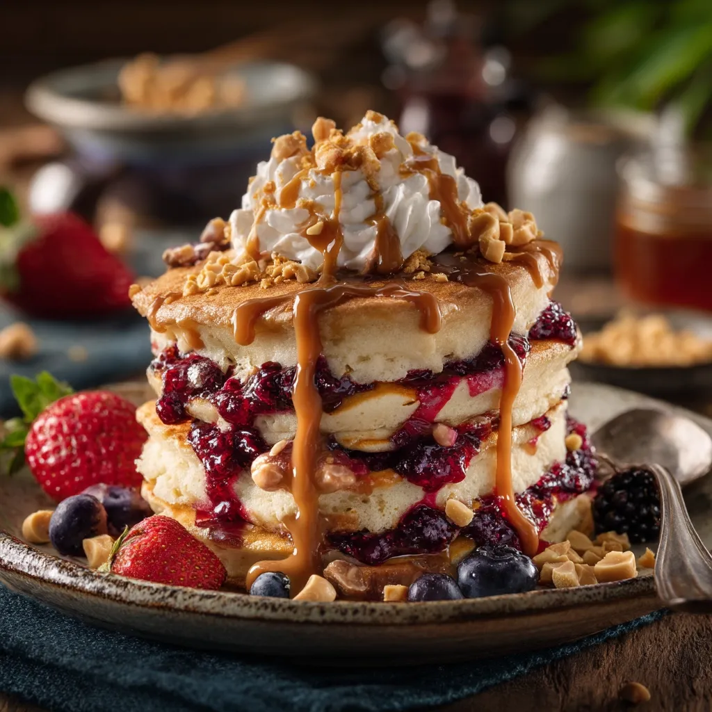 A decadent stack of pancakes is drizzled with caramel and topped with whipped cream and chopped nuts.  Layers of berry jam are nestled between fluffy pancakes.  Fresh strawberries, blueberries, and blackberries surround the base, creating a visually appealing and delicious breakfast or brunch treat.  The image emphasizes the textures and rich colors of the food.