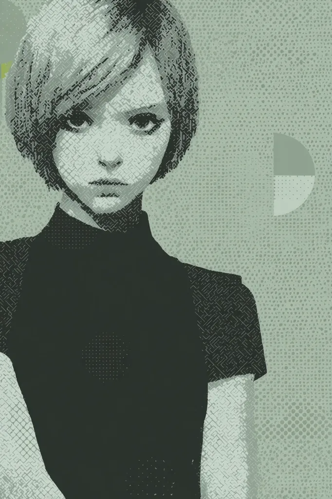 A stylized portrait of a young woman with short, blunt bangs.  She is depicted in a dark, high-necked top against a textured, muted green background featuring geometric shapes. The image uses a halftone effect, creating a grainy, almost pixelated appearance. Her expression is serious and slightly melancholic.  The overall aesthetic is minimalist and somewhat somber.