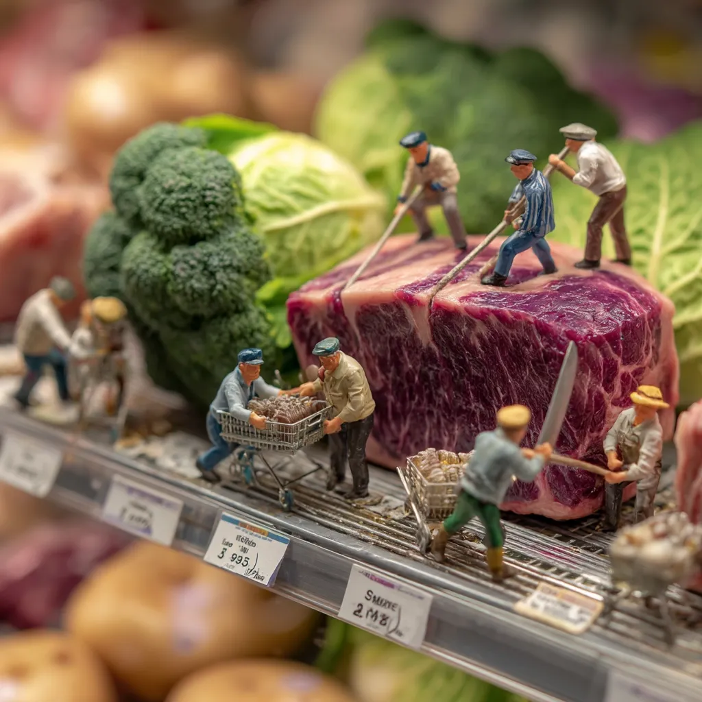 Miniature figures are playfully staged in a supermarket setting.  Workers use ropes to maneuver a large cut of meat, while others transport smaller items in shopping carts.  Broccoli and cabbage are in the background, emphasizing the scale of the scene.  The image cleverly combines miniature artistry with everyday grocery store elements.  Price tags are visible, adding a touch of realism.