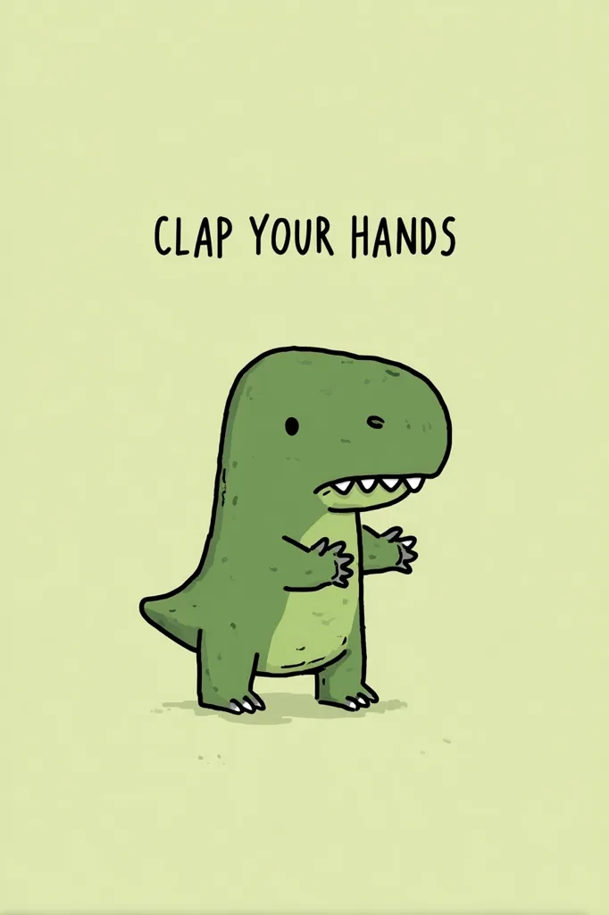 A cute cartoon T-Rex stands on a light green background, its small arms raised as if preparing to clap.  Above the dinosaur, the text "CLAP YOUR HANDS" is written in a simple, sans-serif font. The image is simple, playful, and encourages participation. The dinosaur's expression is neutral, adding to the overall lightheartedness.