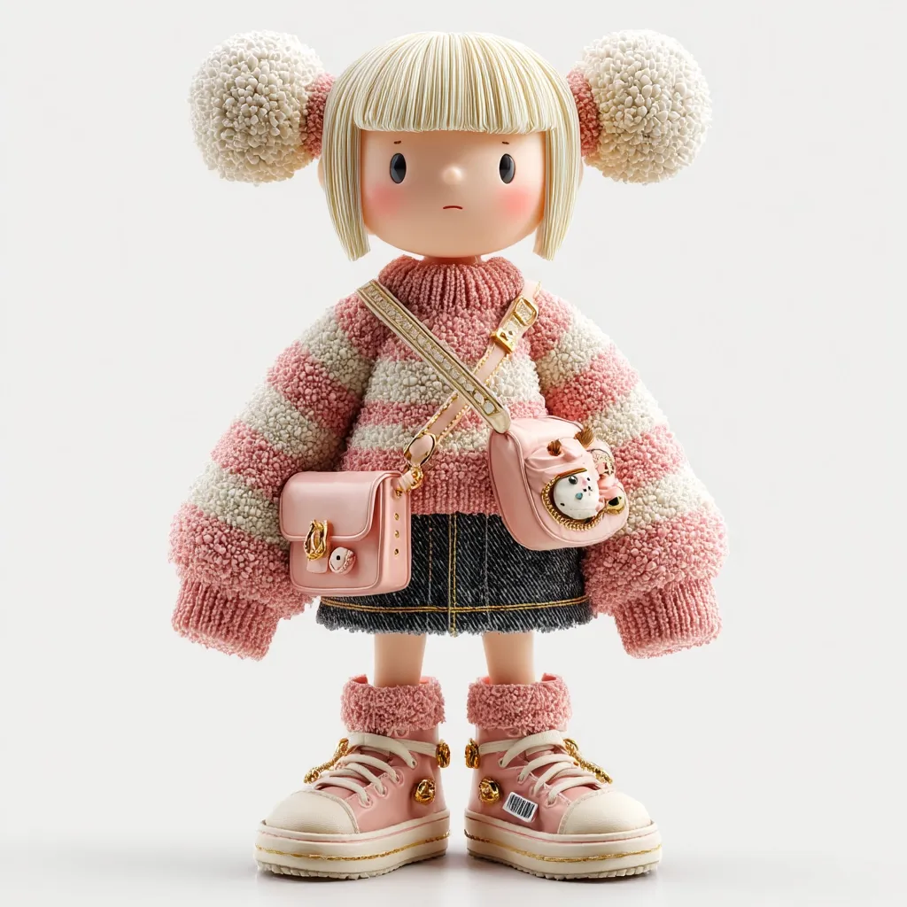 A charming doll with blonde bobbed hair and fluffy pink-and-white striped sweater is depicted.  She carries two miniature pink handbags, one a classic satchel and the other embellished.  Her denim skirt and pink high-top sneakers, adorned with golden bells, complete her stylish outfit.  The doll's soft features and pastel colors create a sweet and endearing image.